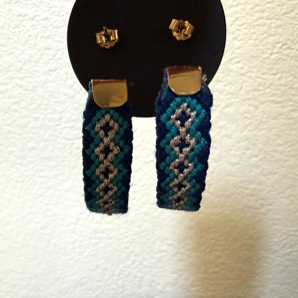 Mercedes Salazar Candongas Tejidas Blue Yarn Woven Hoop Earrings 2.25" - Picture 7 of 8